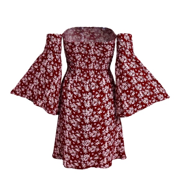 Red Boho Floral Off The Shoulder Dress - Picture 4 of 6